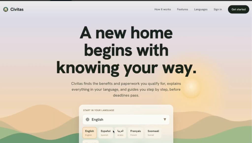 Civitas landing page with the headline A new home begins with knowing your way and a language picker.