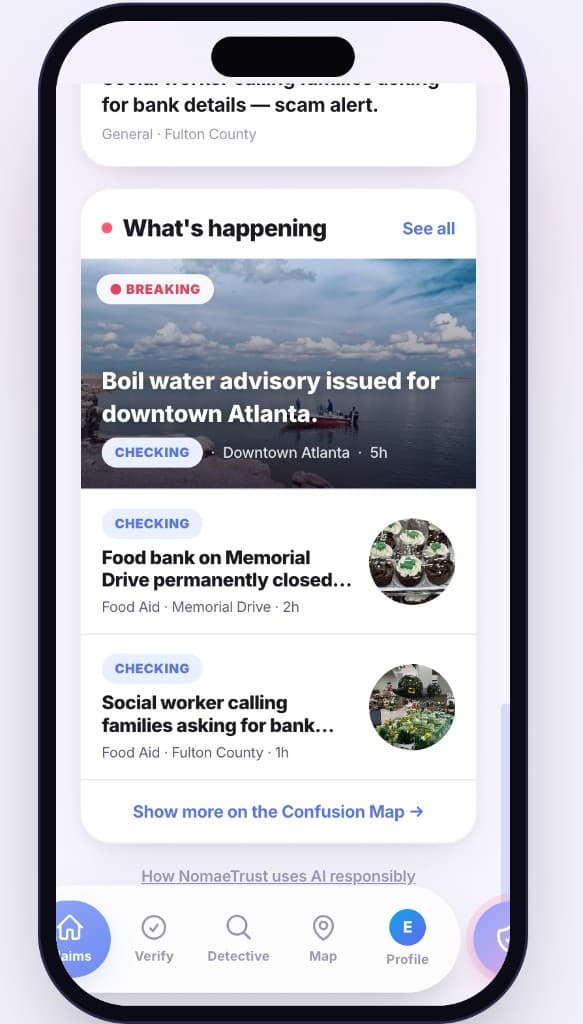 NomaeTrust mobile feed showing a boil-water advisory in downtown Atlanta with claims marked as checking.